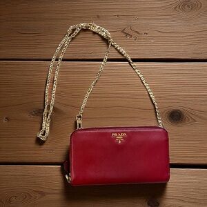 Authentic Prada Saffiano leather zip around wallet on chain mini bag crossbody